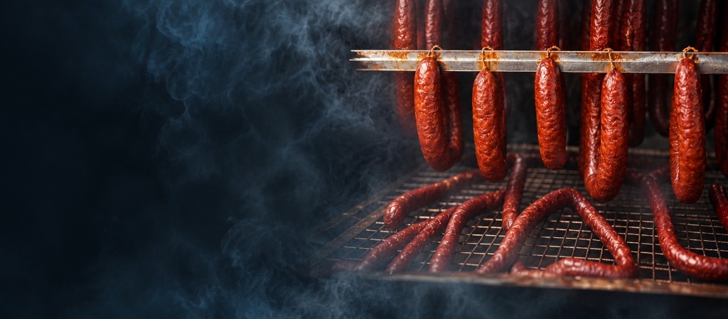 Ma Bell's smoked sausage links hanging on smokehouse racks